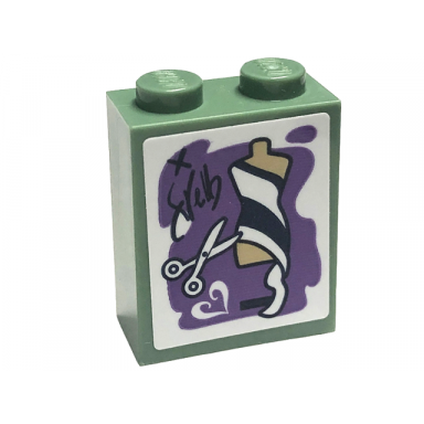 sand green brick 1 x 2 x 2 with inside stud holder with sewing mannequin and scissors on medium lavender background pattern sticker - set 41711