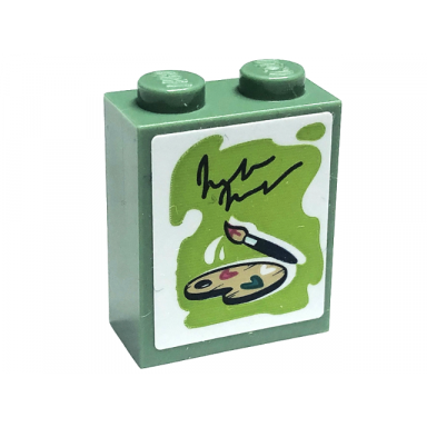 sand green brick 1 x 2 x 2 with inside stud holder with brush and paint palette on lime background pattern sticker - set 41711