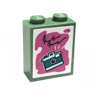 sand green brick 1 x 2 x 2 with inside stud holder with dark turquoise and light aqua camera on dark pink background pattern sticker - set 41711