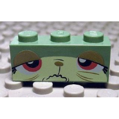 sand green brick 1 x 3 with cat face sick pattern queasy kitty