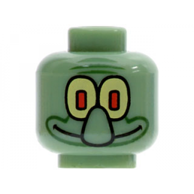 sand green minifigure head alien with large nose and yellow eye white eye pattern squidward