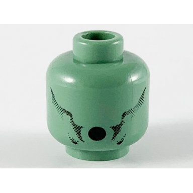 sand green minifigure head alien dementor with black faded cheek lines oval open mouth pattern