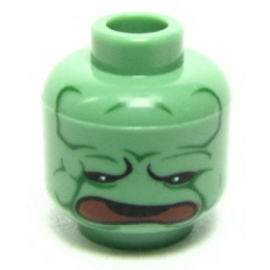 sand green minifigure head alien with hp mandrake plant face red mouth pattern