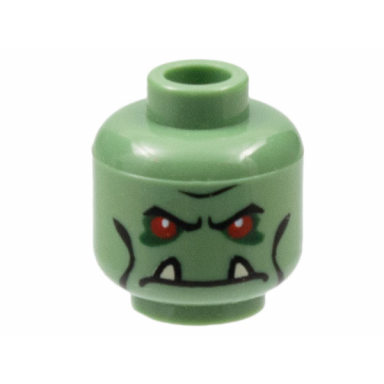 sand green minifigure head alien troll with red eyes black eyebrows and cheek lines dark green eye shadow and frown with tan lower fangs pattern