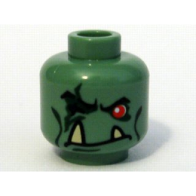 sand green minifigure head alien troll with red eye black eyebrows and cheek lines dark green scar and eye shadow and frown with tan lower fangs pattern