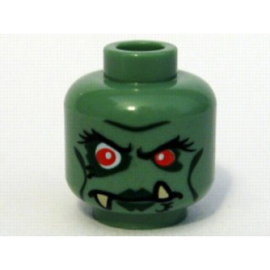 sand green minifigure head alien female troll with red eyes black eyebrows eyelashes and cheek lines dark green lips and eye shadow and tan uneven fangs pattern