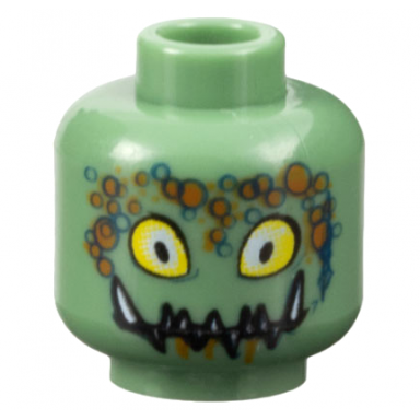 sand green minifigure head alien with large yellow eyes sharp white teeth blue circles and orange splotches pattern