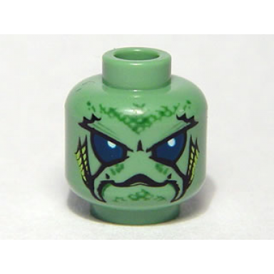 sand green minifigure head alien with large blue eyes turtle mouth and gills pattern
