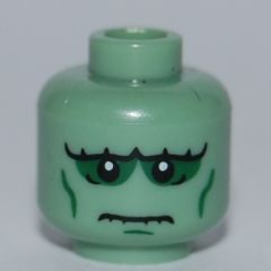 sand green minifigure head alien with frankenstein monster white pupils and wrinkles pattern