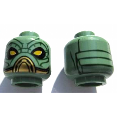 sand green minifigure head alien sw kyuzo with large yellow eyes black eye shadow gold mouth cover dark green wrinkles and lines on back pattern