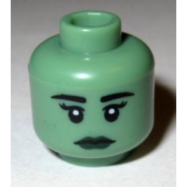 sand green minifigure head female black eyebrows eyelashes white pupils dark green lips pattern