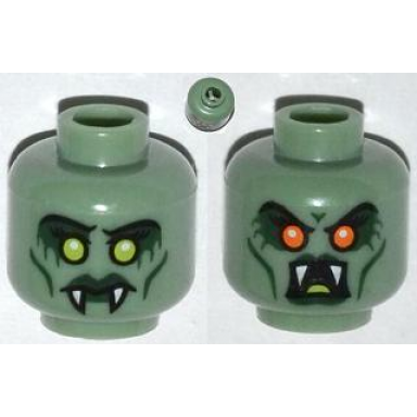 sand green minifigure head dual sided alien with yellow eyes fangs green lips cheek lines open mouth with red eyes pattern