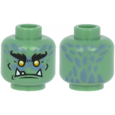 sand green minifigure head alien with black bushy eyebrows yellow eyes white lower fangs and sand blue scales pattern