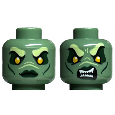 sand green minifigure head dual sided alien female yellowish green eyebrows bright light orange eyes dark green eye shadow and lips neutral angry pattern
