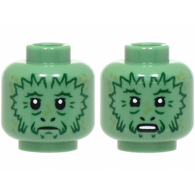 sand green minifigure head dual sided alien with dark green wrinkles and zigzag contours olive green spots frown surprised open mouth with teeth pattern