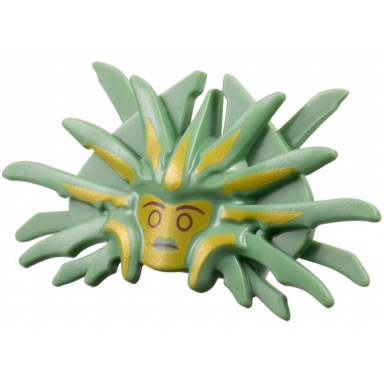 sand green minifigure headgear mask with 2 blades and 19 spikes with gold face and highlights dark red eyebrows eyes and mouth pattern - flexible rubber