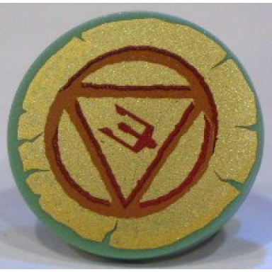 sand green minifigure shield circular round flat face with dark orange and dark red circle triangle and trident on gold background pattern