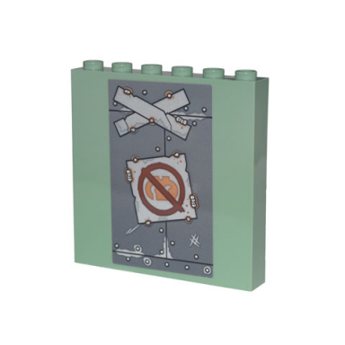 sand green panel 1 x 6 x 5 with duplo alien with circle with slash silver metal plates scratches and rivets with rust pattern sticker - set 70840