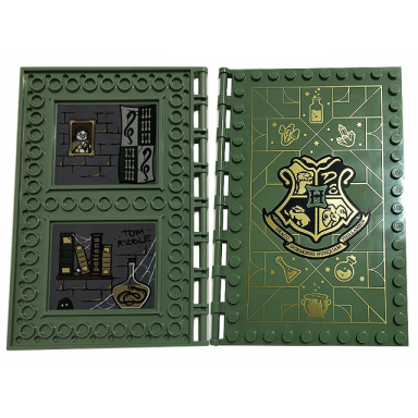sand green tile modified 10 x 16 with studs on edges and bar handles with hogwarts potions class with black tom riddle books potions wooden shelf portrait cobwebs and flag of slytherin pattern on inside stickers - set 76383