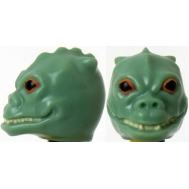 sand green minifigure head modified sw saurin trandoshan with orange and black eyes pattern bossk