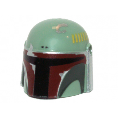 sand green minifigure headgear helmet with holes sw mandalorian with dark green cheek indents and silver battle damage - type 1 partial dark red visor outline right pattern