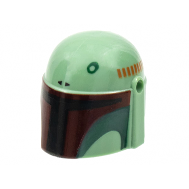 sand green minifigure headgear helmet with holes sw mandalorian with black and dark red visor dark green cheek indents and circle pattern
