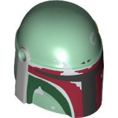 sand green minifigure headgear helmet with holes sw mandalorian with dark green cheek indents and silver battle damage - type 2 full dark red visor outline right pattern