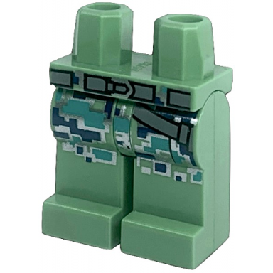sand green hips and legs with dark bluish gray belt and holster dark blue dark turquoise and silver pixelated camouflage pattern