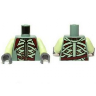 sand green torso lotr armor with light green and dark red straps and belt pattern yellowish green arms dark bluish gray hands