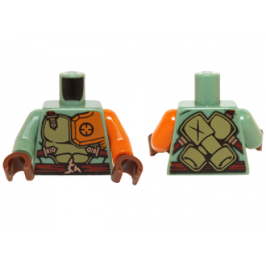 sand green torso ninjago olive green and orange body armor with dark red straps and belt pattern orange arm left sand green arm right reddish brown hands