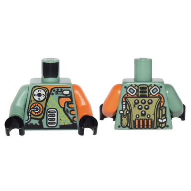 sand green torso olive green orange and silver mechanical pack and body armor pattern orange arm left sand green arm right black hands