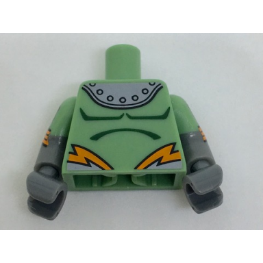 sand green torso shoulder armor with rivets and orange lightning pattern dark bluish gray arms with molded sand green short sleeves and printed atoms and orange stripes pattern dark bluish gray hands