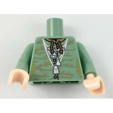 sand green torso female robe with buttons and medium nougat branches with olive green leaves silver necklaces pattern sand green arms light nougat hands