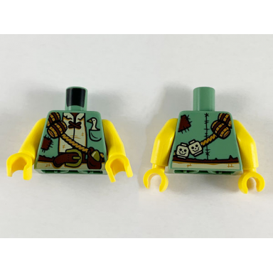 sand green torso jacket with tan shirt reddish brown belt and patches barrels and skulls on rope sash goose in pocket and gold egg in pouch pattern yellow arms yellow hands