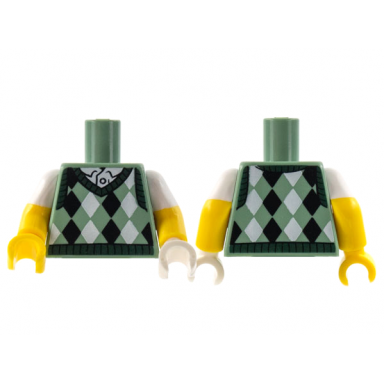sand green torso knit argyle sweater vest with dark green collar over white shirt pattern yellow arms with molded white short sleeves pattern white hand left yellow hand right