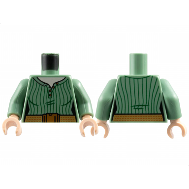sand green torso female shirt with buttons and dark green pinstripes dark tan belt with medium nougat buckle and stitching light nougat neck pattern sand green arms light nougat hands
