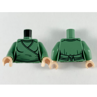 sand green torso female wrap-around tunic with black hems and dark green contours pattern sand green arms light nougat hands