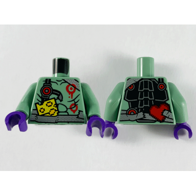sand green torso silver duct tape belt and shoulder strap black muscle lines red circles pattern sand green arms dark purple hands