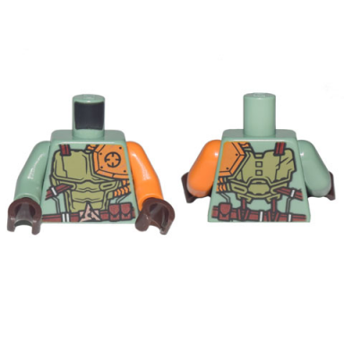sand green torso ninjago olive green and orange body armor with dark red belt and 3 pouches pattern orange arm left sand green arm right dark brown hands