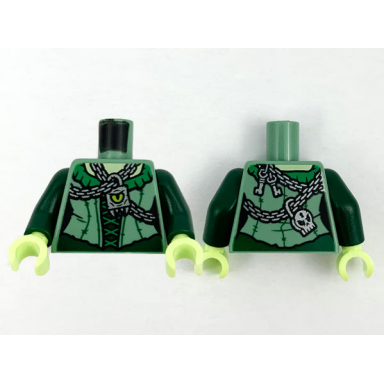sand green torso female bodice green collar and laces silver chains and pendant with lime eye keys and skull padlock on back pattern dark green arms yellowish green hands