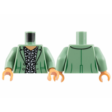 sand green torso jacket nougat neck black shirt with white spots and buttons pattern sand green arms nougat hands