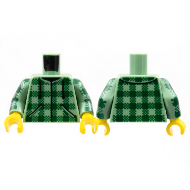 sand green torso baja shirt dark green plaid black drawstrings pattern sand green arms with dark green plaid pattern yellow hands