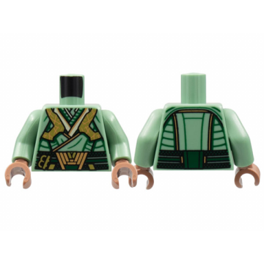 sand green torso tunic dark green lines and belt gold armor and buckle dark orange trim pattern sand green arms medium brown hands