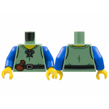 sand green torso laced shirt yellow neck black belt silver buckle reddish brown pouch pattern blue arms yellow hands