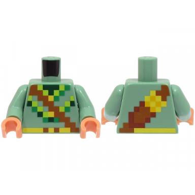 sand green torso pixelated shirt with lime green and dark green trim reddish brown belt with quiver with yellow arrows pattern sand green arms nougat hands