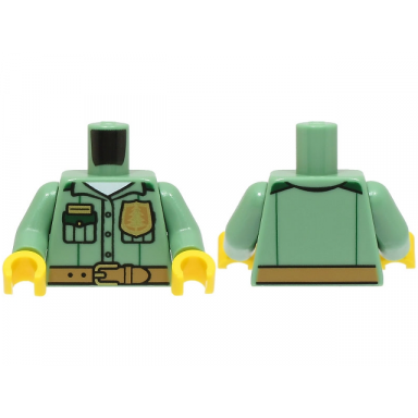 sand green torso shirt with 3 buttons and dark green pockets over white undershirt gold badge medium nougat belt pattern sand green arms yellow hands