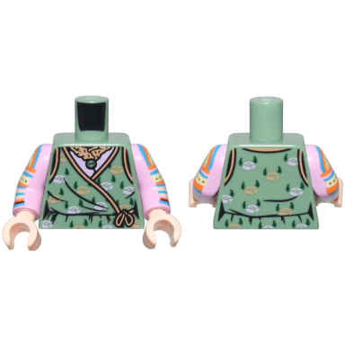 sand green torso female robe with nougat and lavender flowers and trim and dark green leaves pattern bright pink arms with crochet stripes pattern light nougat hands