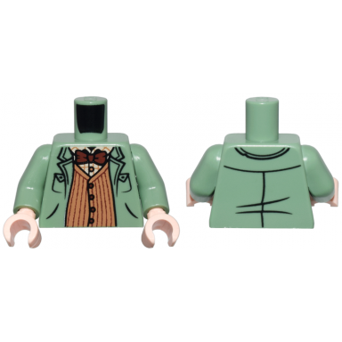 sand green torso overcoat over medium nougat striped sweater vest tan plaid shirt and reddish brown bow tie pattern sand green arms light nougat hands