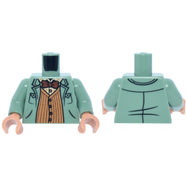 sand green torso overcoat over medium nougat striped sweater vest tan plaid shirt and reddish brown bow tie pattern sand green arms nougat hands