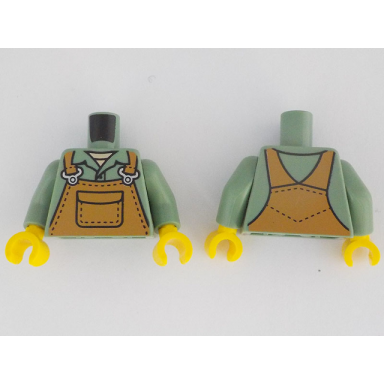 sand green torso medium nougat overalls with silver buckles over shirt with collar and tan undershirt pattern sand green arms yellow hands
